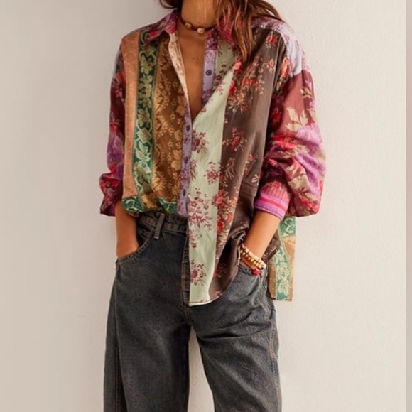 Free People NWT Flower Patch Boho Mixed Print Cotton Button-Up Shirt size XS - Picture 3 of 14